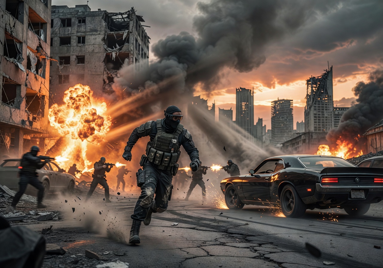 Action packed video game scene with sparks