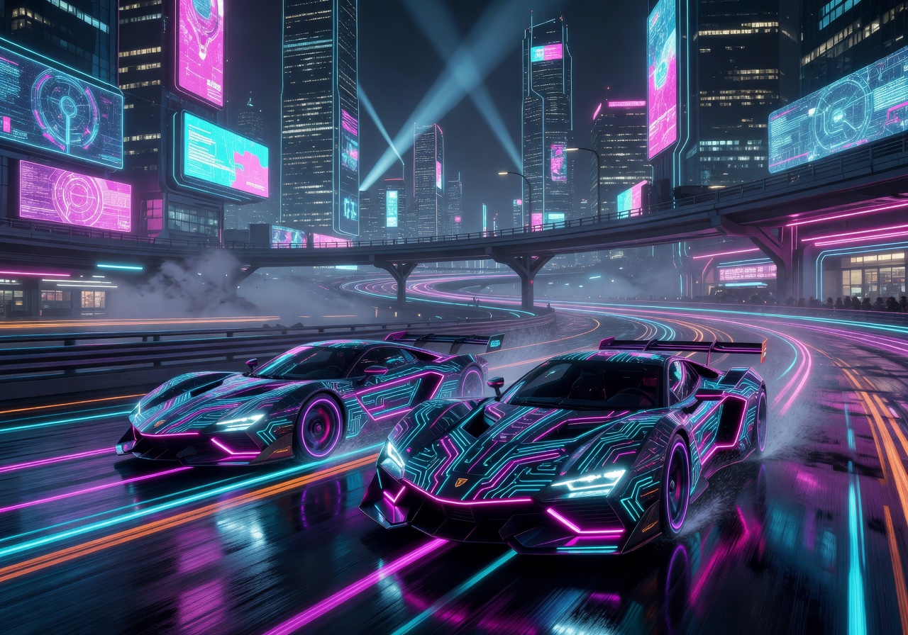 Neon cyber car racing through futuristic city