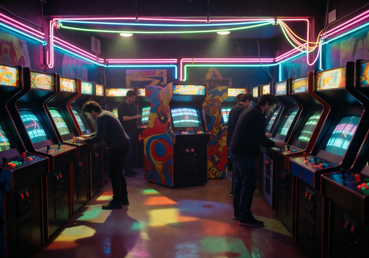 Neon lit retro arcade room